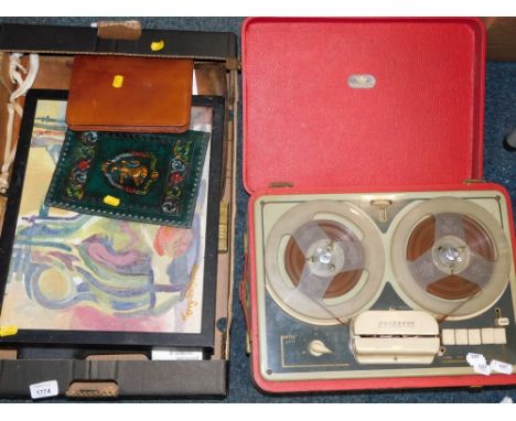 A worked leather book cover, prints, pictures, vintage case Princess reel to reel recorder, etc. (a quantity) 