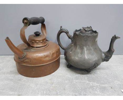 Vintage copper teapot and antique English pewter teapot 1762