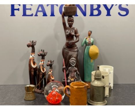 African carved figures, glass paperweight and others