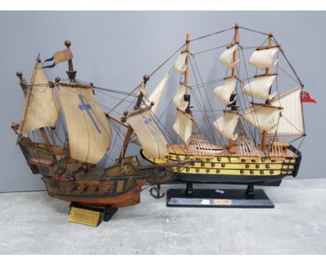 Antique wooden hand painted model of the La Bona Esperanza with captain Hugh Willoughby plaque also includes a vintage model 