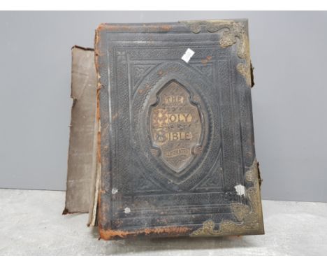 Vintage large hard back holy bible with illustrations, needs attention
