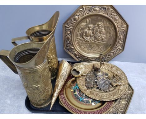 Pair of vintage french large decorative brass jugs together with mixed brass items, plaques, plates, grotesque face etc
