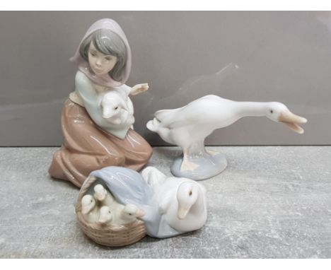 3 lladro figures includes 4551 Honking goose, 4895 Ducklings and 5484 Lost lamb