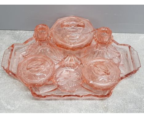 Vintage Pink glass 7 piece dressing table set