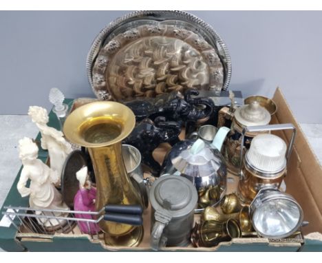 Box containing misc items to include elephant figures, brassware, lady figures, pewter tankards etc