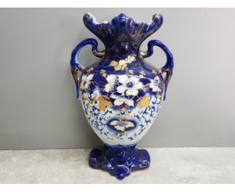 Large vintage Staffordshire twin handle vase, with blue, white and gold floral design, height 37cm