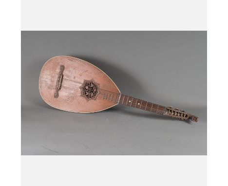 Lute, pear shaped body with canted back, long neck, six cords, central sound hole with carved leaves in open work, white edge