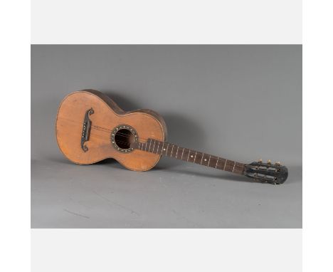 Vienna Guitar, pear shaped sound body with painted faux bois decoration on the back and sides, long neck, six cords, the cent