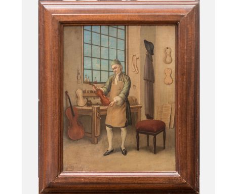 Antonio Stradivari (1644-1737), Portrait of the Master in his workshop, oil on wooden board, described on the reverse , frame