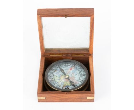 Marine Directional Compass, glass with Europe map and signs of the zodiac, in wooden box with glass window, 20th century, 10 