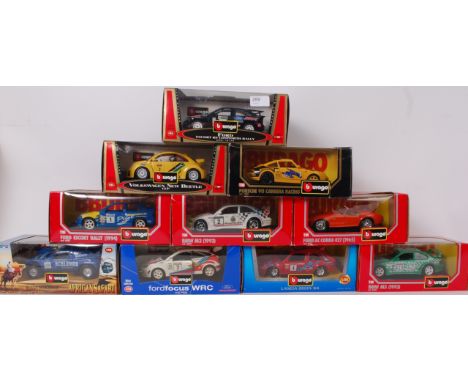 BURAGO; A collection of 10x 1:24 scale Burago diecast (mostly rally cars, but also some others). Each within the original dis