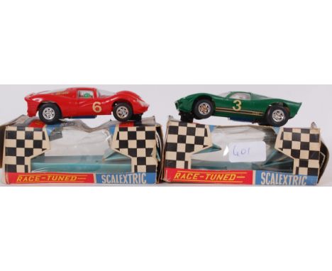 SCALEXTRIC; 2x vintage Scalextric ' Race Tuned ' boxed cars; C16 Ferrari & C15 Ford Mirage. Both with their original boxes. 