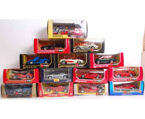 DIECAST; A collection of 14x (mostly) Burago 1:24 scale diecast model cars to include Ferraris, Corvette, Formula One and oth