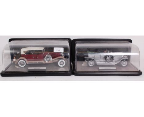 FRANKLIN MINT; Two vintage Franklin Mint 1:18 scale cased diecast model cars - 1907 Rolls Royce Silver Ghost and a 1930 Duese