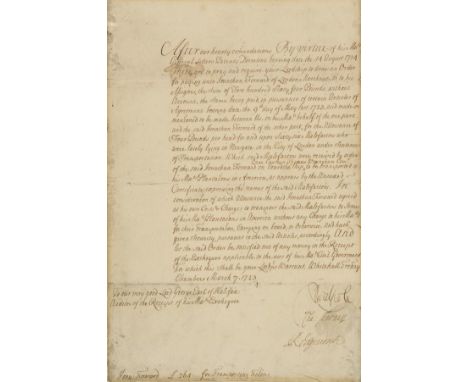 *Transportation to America. Original manuscript payment order by Sir Robert Walpole (1676-1745), British Prime Minister, Whit