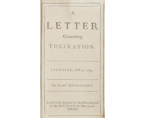 [Locke, John]. A Letter Concerning Toleration. Licensed, Octob 3. 1689. The Second Edition Corrected, printed for Awnsham Chu
