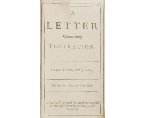 [Locke, John]. A Letter Concerning Toleration. Licensed, Octob 3. 1689. The Second Edition Corrected, printed for Awnsham Chu