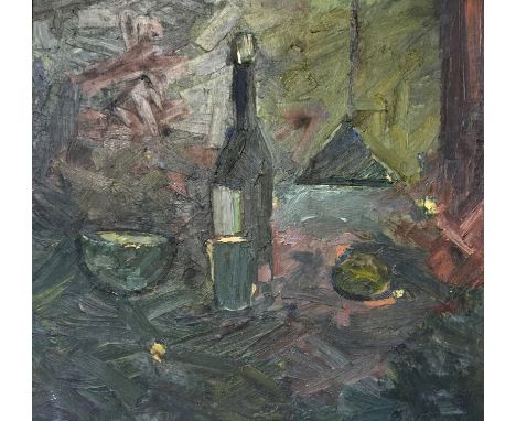 GEORGE HOLT (1924-2005). Framed, signed verso, titled ‘Still Life under a light’, dated 1974, bottle and bowl in green, 56cm 