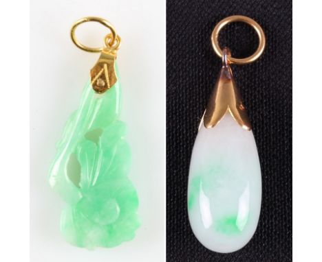 A green jadeite jade tear drop pendant, unmarked yellow metal mount, length approx. 3.5cm, together with a carved green Orien