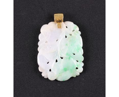 A green/white jadeite jade pendant, carved with floral and foliage design, yellow metal pendant mount indistinctly stamped, m