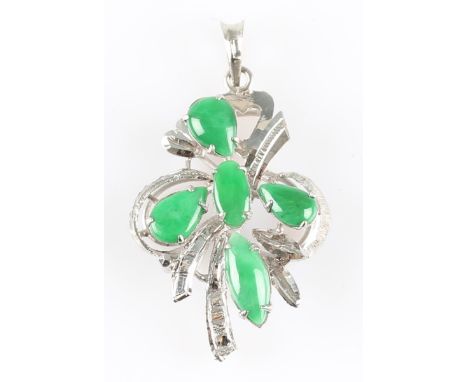 A green jadeite jade pendant, the open metalwork design set with five cabochons of jadeite, stamped 18k, length approx. 3.5cm