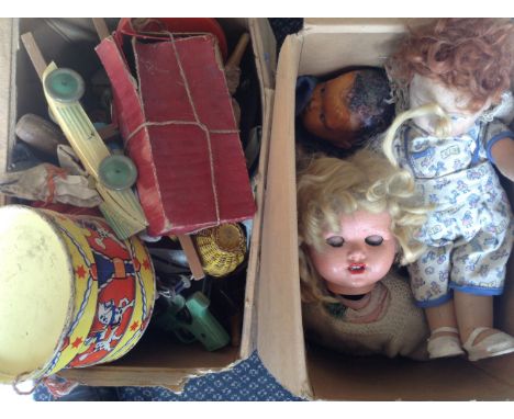 Two boxes of various toys to include dolls, Chad Valley car etc. IMPORTANT: Online viewing and bidding only. No in person col