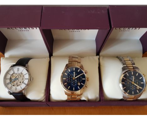 *Three boxed Accurist wrist watches, to include a skeleton example numbered 7701 and two chronograph examples numbered 7164 a