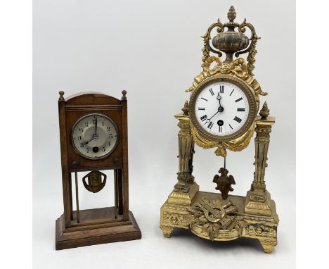 An antique French gilt clock with enamel dial marked "Hymarc Paris" to back of dial along with another wooden cased mantle cl