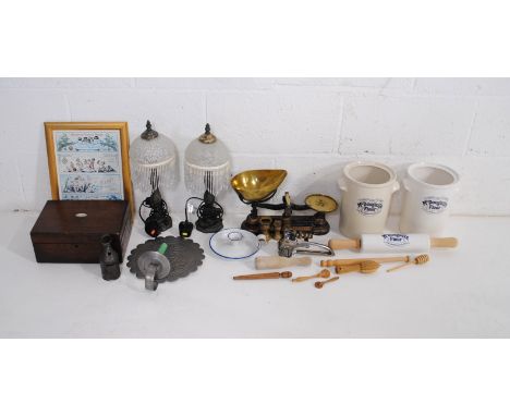 A mixed lot, including various vintage kitchenalia, a set of scales and weights, pair of table lamps, wooden box, framed prin