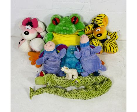 A collection of soft toys including an over-sized frog, Steiff polar bear, Sully from Monster Inc, Eeyore etc