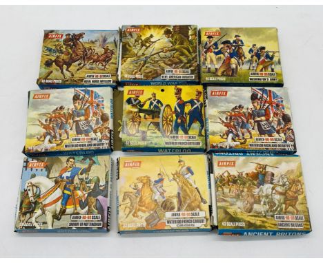 A collection of nine boxed Airfix historical plastic model figurine packs (1:76 Scale) including Washington's Army, WW1 Ameri