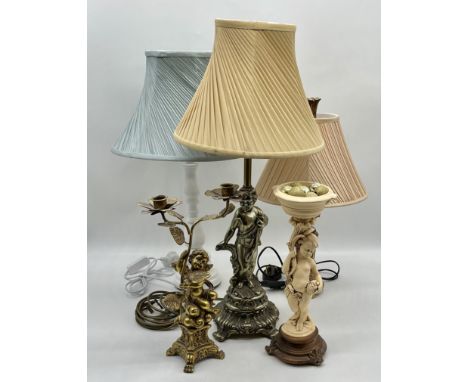 Three vintage lamps along with a candelabra, height of tallest lamp 66cm.