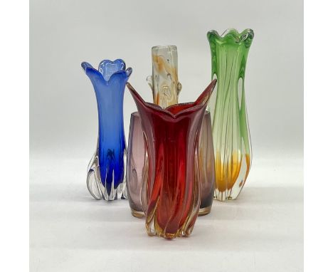 A collection of art glass vases including knobbly glass