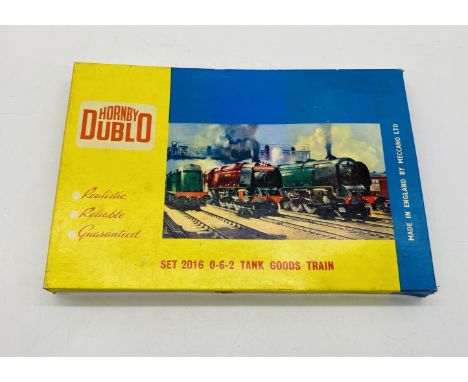 A boxed Hornby Dublo Electric Set 2016 2 Rail 0-6-2 Tank Goods Train set with instructions, comprising of British Railways bl