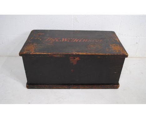 A vintage painted wooden trunk, named to 'H K Wilkinson' - length 74cm, depth 41cm, height 33cm