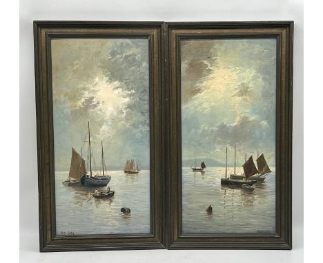 A pair of framed oil on board paintings of vintage nautical scenes by Chris Curtis.