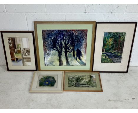 A collection of framed art by local artist Sue Warren. A watercolour "The Green Chair", a handmade embroidered felt "Blue Flo