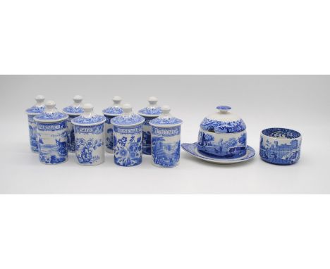 A small quantity of Spode blue and white, including eight lidded herb jars etc.