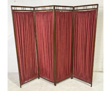 A vintage four fold wooden framed fabric screen 