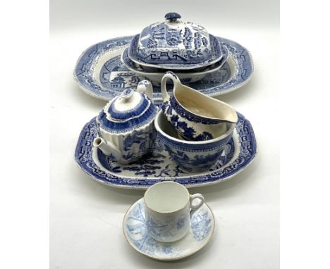 A collection of vintage blue and white china, meat plates, tea pots, also includes a Queen Victoria Diamond Jubilee cup and s