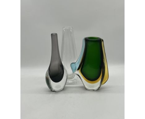 A collection of three art glass vases including Murano angular green glass vase, Nils Landberg smokey glass vase etc.