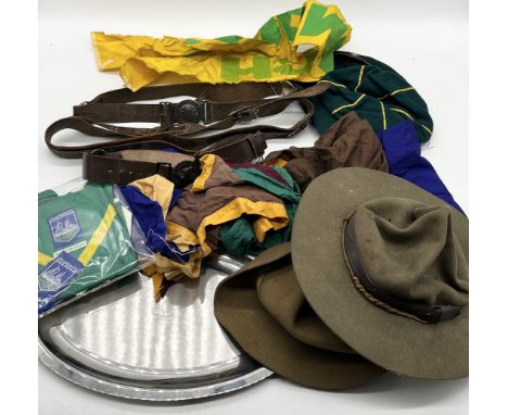 A collection of vintage Boy Scouts uniform etc including three belts, two felt hats, neckerchiefs, Norwich banner, tray with 