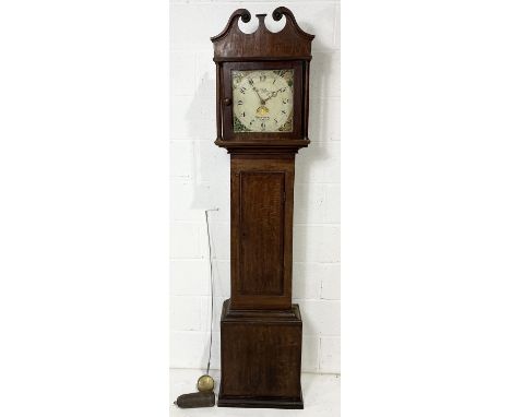 A turn of the century oak long case clock by W. Perry of Hockworthy with subsidiary second dial and painted spandrels