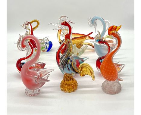 A collection of art glass birds including a number of pieces by Murano, two damaged as shown 