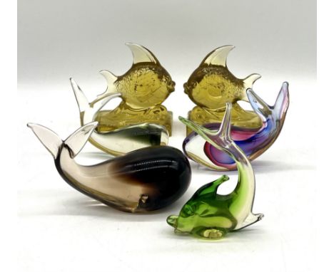 A collection of art glass whales, angel fish etc