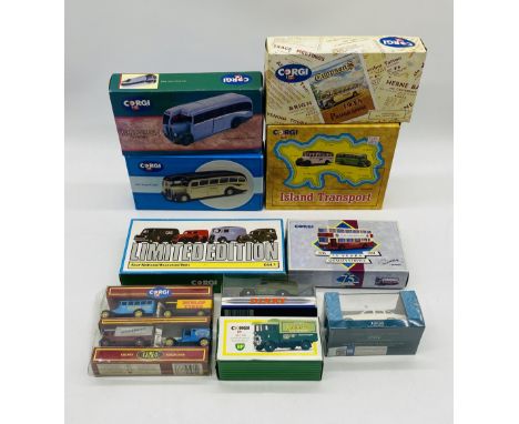 A collection of mainly boxed Corgi die-cast vehicles including Island Transport, Corgi AEC Regal Coaches, set of four Nationa