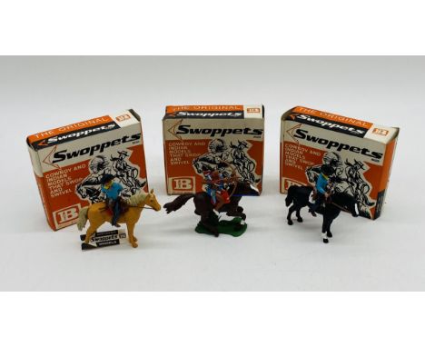 Three boxed Britains Swoppets Cowboy and Indian model figures including Cowboy On Guard Mounted (637), Cowboy Prisoner Mounte