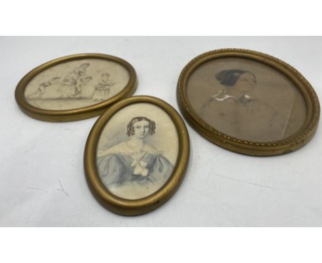 A framed miniature watercolour portrait of a young girl along with one other similar and a watercolour of a lady and children