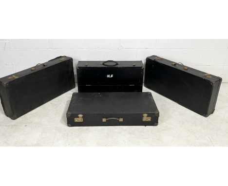 Three vintage carry cases along with a wooden tool box painted with the initials HF