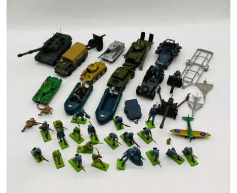 A collection of military related toys including Britains Deetail army figurines, tanks, boats, weapons etc